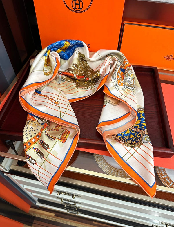 HM Tous en Selle Scarf 90x90cm Orange Colorful Twill Silk 304662