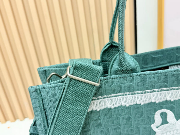 CD Dioramour Book Tote Teal Green Dior Oblique Embroidery with White Lace