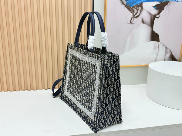 CD Book Tote Blue Dior Oblique Embroidery and White Lace
