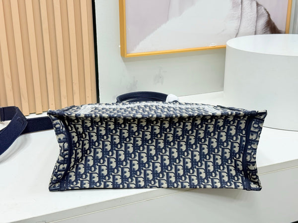 CD Book Tote Blue Dior Oblique Embroidery and White Lace