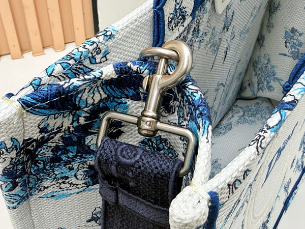 CD Book Tote With Strap Blue Toile De Jouy Floral Garden Canvas