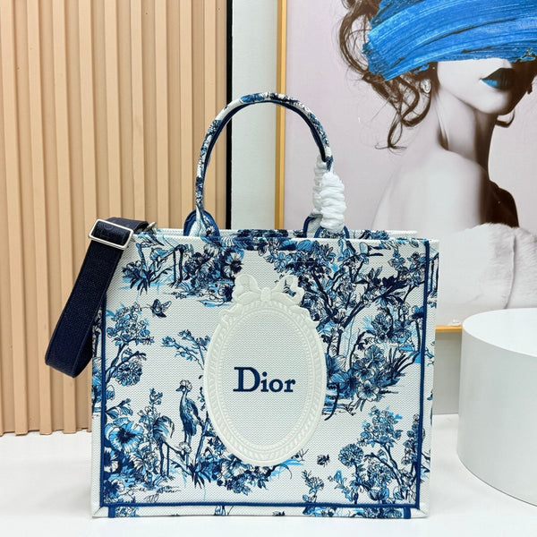 CD Book Tote With Strap Blue Toile De Jouy Floral Garden Canvas