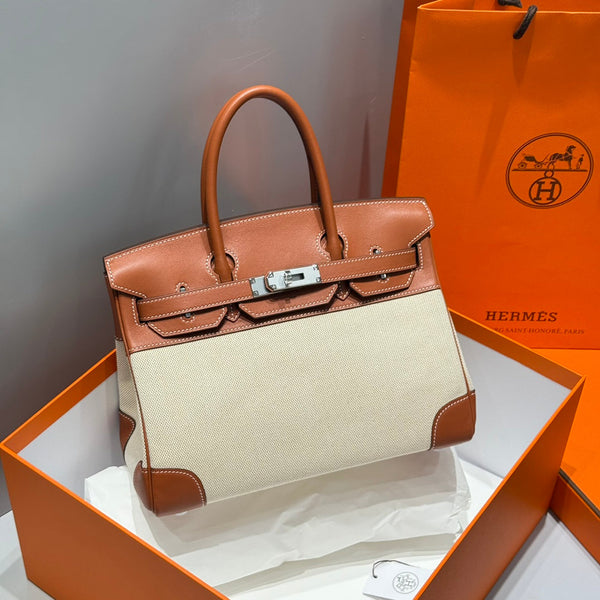 HM Birkin 35cm Gold Swift Leather Beige Canvas Silver Hardware
