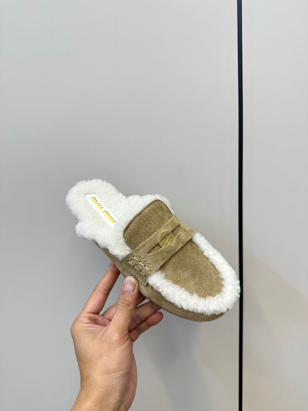 Miu Mule Half Fur Light Brown Suede