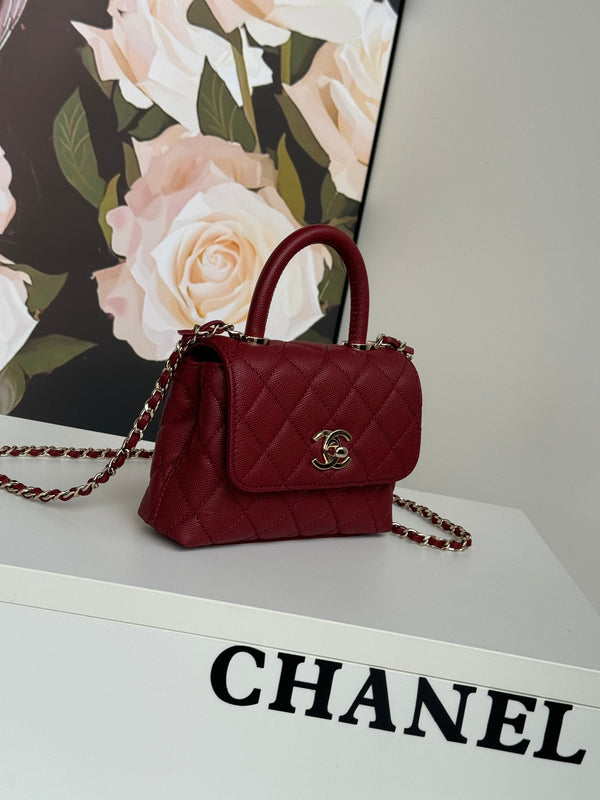 CC 24K Coco Handle Nano 14.5cm Burgundy Grained Calfskin Gold Hardware