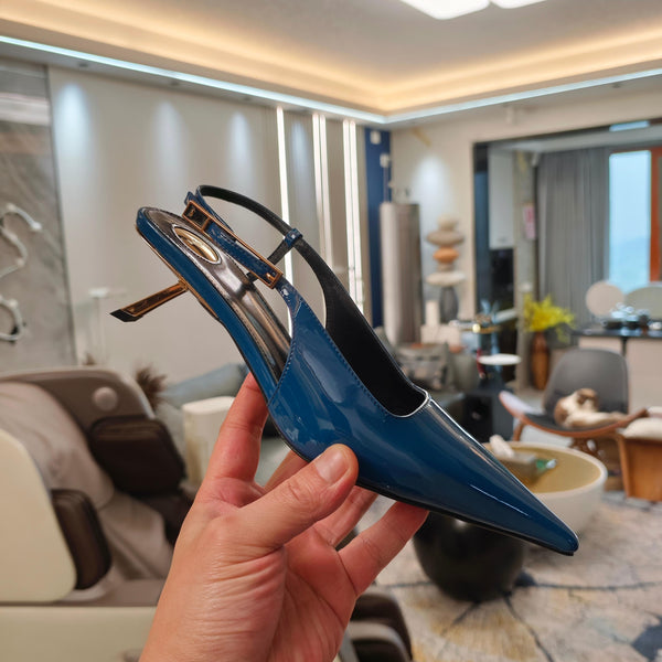 YSL Babylone Slingback 5.5cm Dark Blue Glossy Leather
