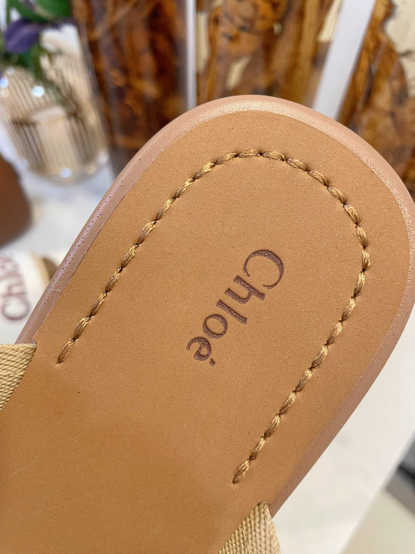 CHLOÉ WOODY WEDGE SANDALS IN WHITE CANVAS WITH CIDER BROWN RUBBER SOLE