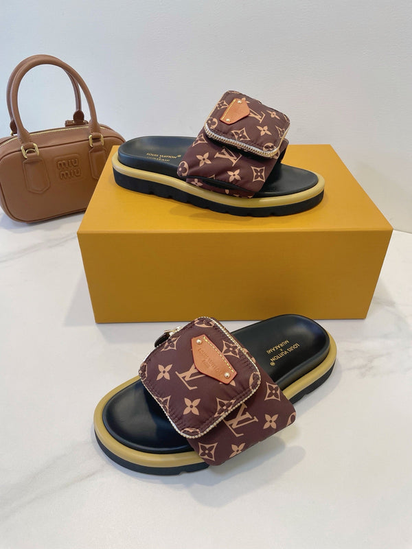 LV x TM Pool Pillow Flat Comfort Mule Brown Monogram Nylon 241325