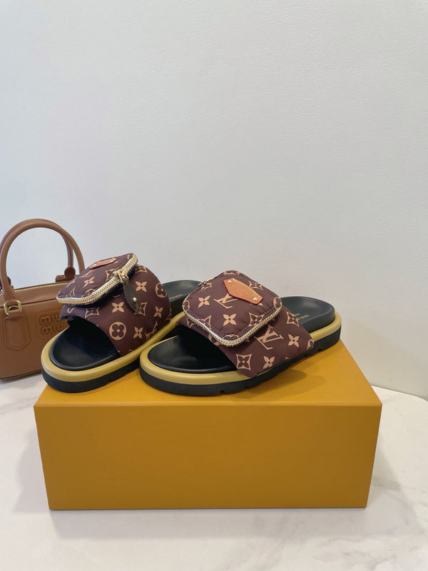 LV x TM Pool Pillow Flat Comfort Mule Brown Monogram Nylon 241325