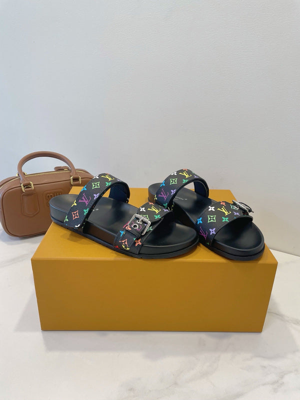 Bom Dia Flat Comfort Mule Black and Multicolored Monogram Canvas 241333