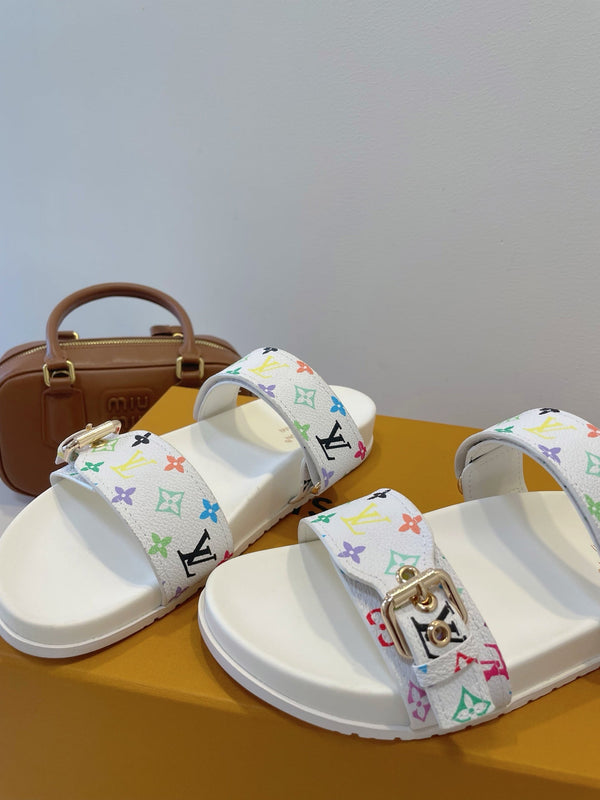 Bom Dia Flat Comfort Mule White and Multicolored Monogram Canvas 241334