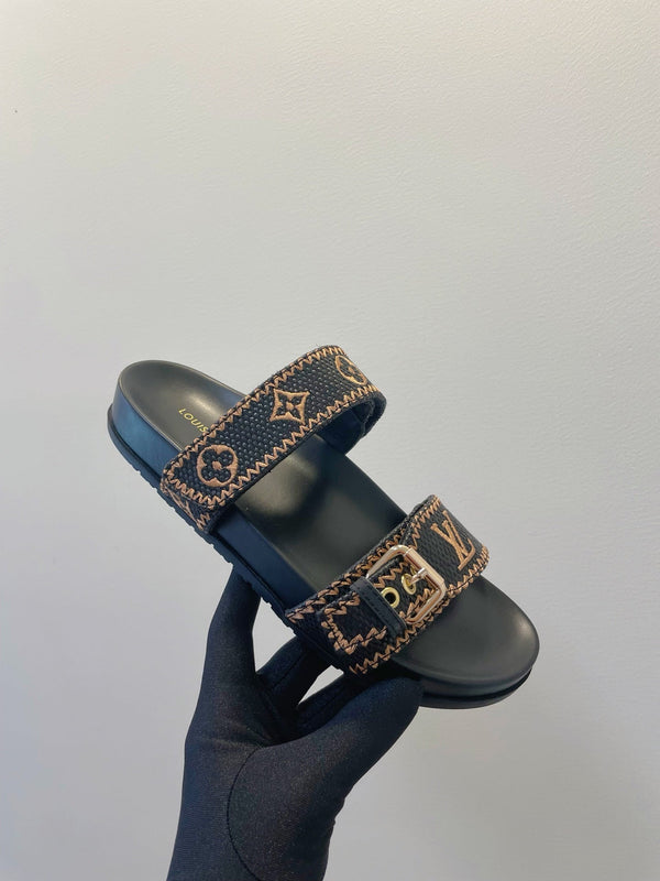 Bom Dia Flat Comfort Mule Brown Black Monogram Embossed Print Classic 241335