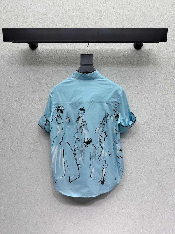 CD 26s Dioriviera Short-Sleeved Blouse White Blue Cotton 398316