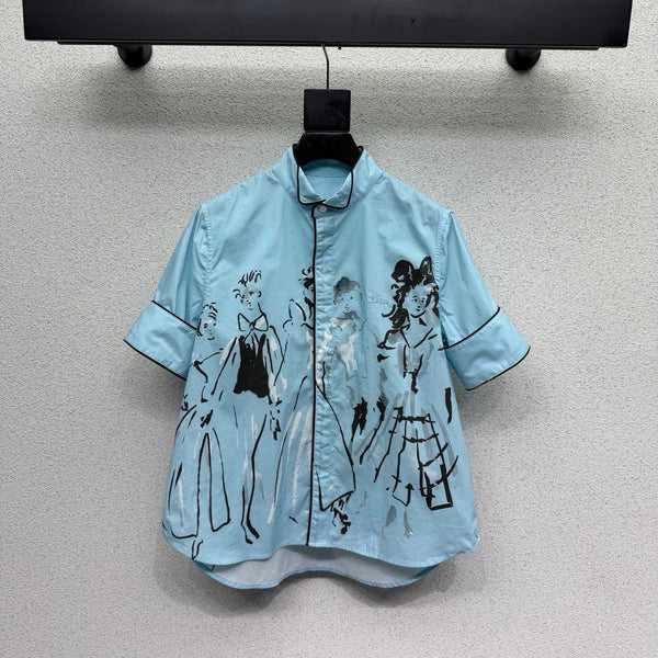 CD 26s Dioriviera Short-Sleeved Blouse White Blue Cotton 398316