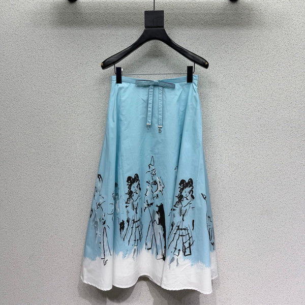 CD 26s Dioriviera Mid-Length Flared Skirt White Blue Cotton 398317