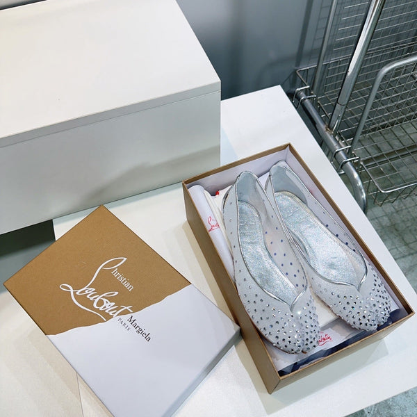 CL x Maison Margiela Ballerina Flats White Mesh Sliver Leather