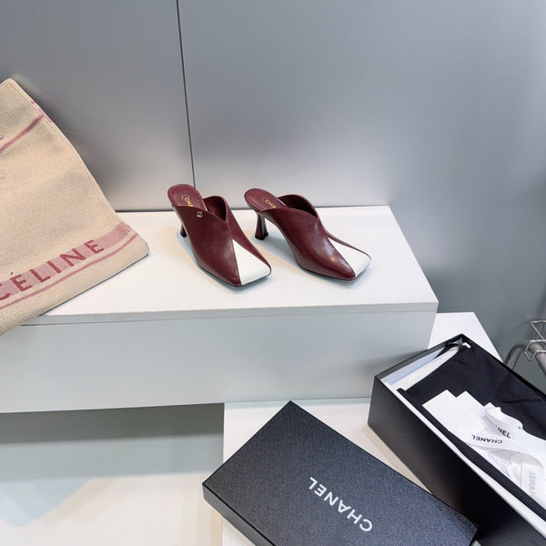 CC Fall 2026 Square Toe High-Heeled Sandals 7cm Burgundy White Sheepskin