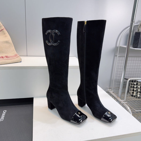 CC 26s Cap-Toe Knee-High Boots 4.5cm Black Stretch Suede 966839