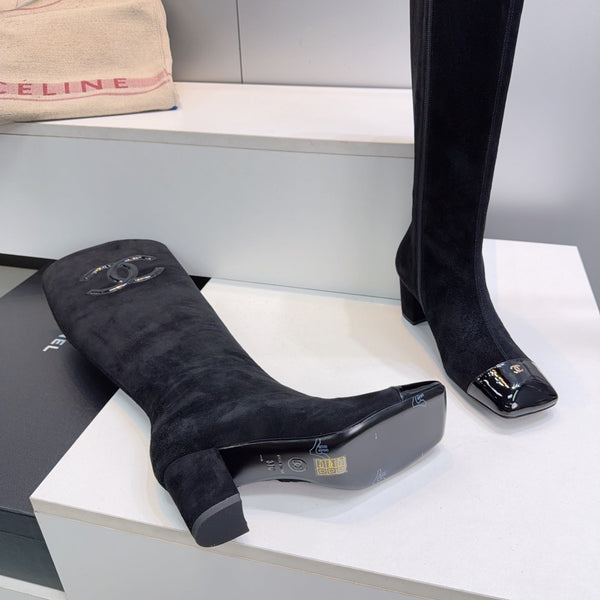 CC 26s Cap-Toe Knee-High Boots 4.5cm Black Stretch Suede 966839
