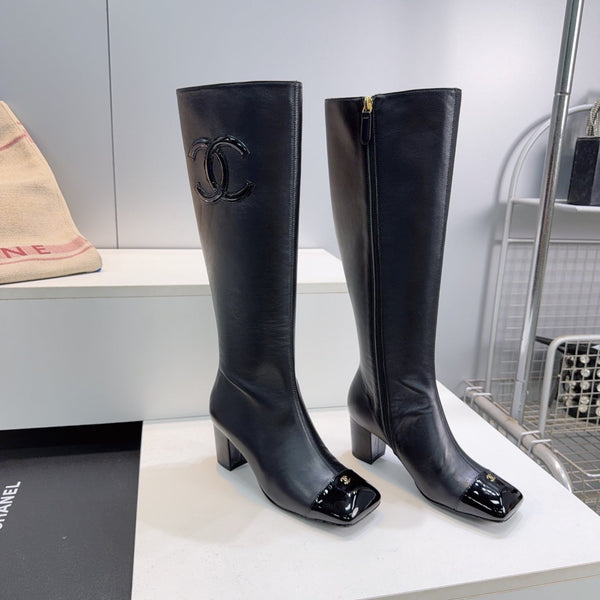 CC 26s Cap-Toe Knee-High Boots 4.5cm Black Stretch Lambskin 966840