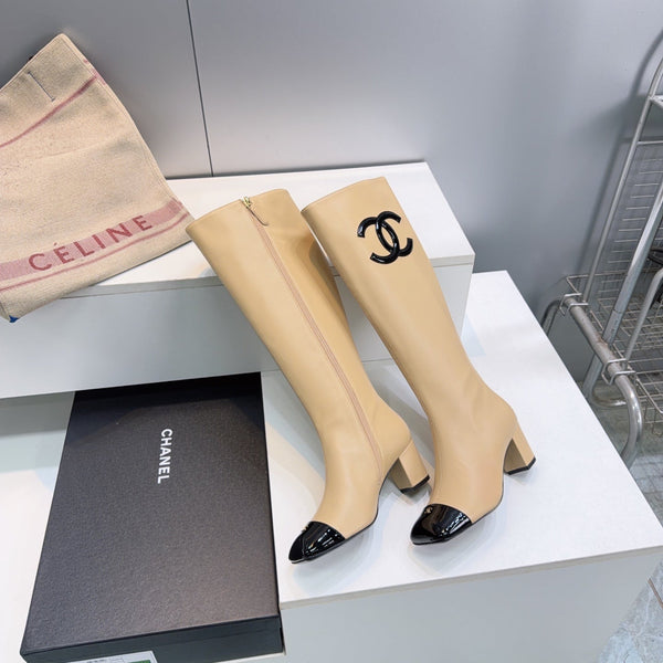 CC 26s Cap-Toe Knee-High Boots 4.5cm Beige Stretch Lambskin 966843
