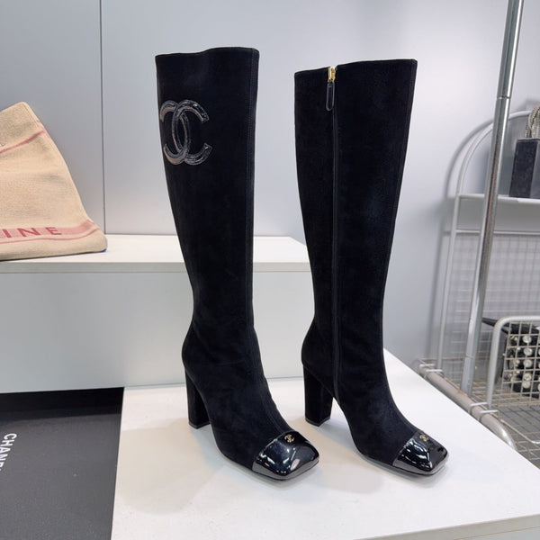 CC 26s Cap-Toe Knee-High Boots 8.5cm Black Stretch Suede 966845