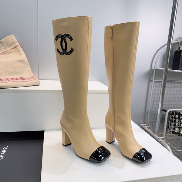 CC 26s Cap-Toe Knee-High Boots 8.5cm Beige Stretch Lambskin 966848