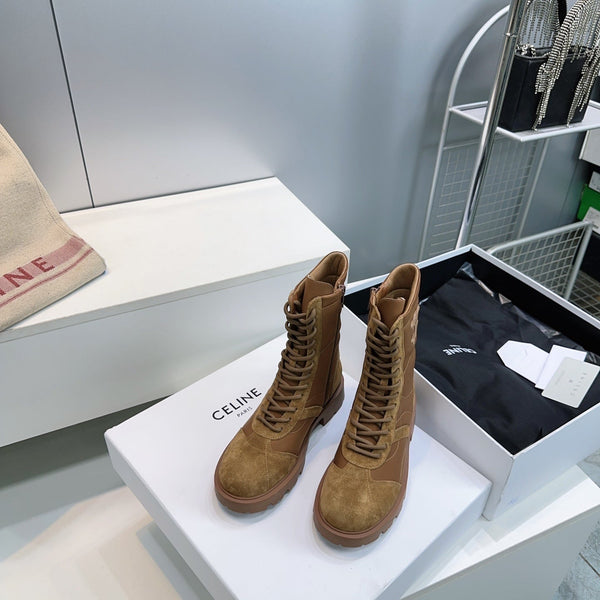 CE 26s Triomphe Lace-Up Combat Boots Tan Suede Leather 107300
