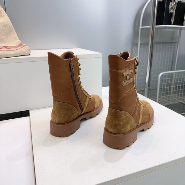 CE 26s Triomphe Lace-Up Combat Boots Tan Suede Leather 107300