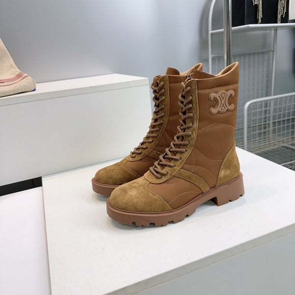 CE 26s Triomphe Lace-Up Combat Boots Tan Suede Leather 107300
