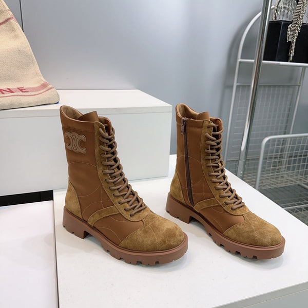 CE 26s Triomphe Lace-Up Combat Boots Tan Suede Leather 107300