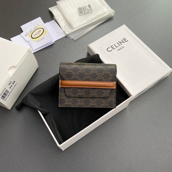TRIOMPHE 24 Origami Business Card Holder Tan Canvas&Cowhile