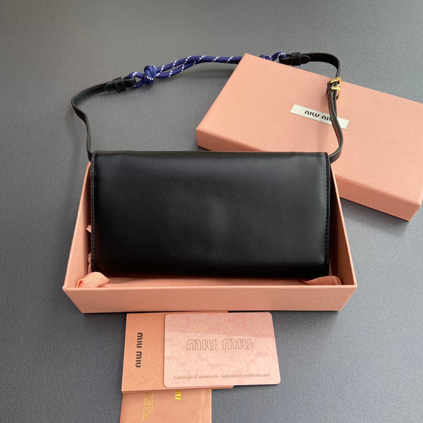 Miu Logo Wallet On A Chain 19 Lettering Black Calfskin 240411