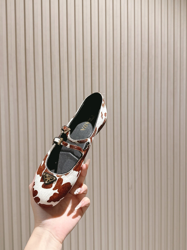 PRA 25s Ballet Flats with Small Buckle Brown White Cow Printed Calf-hair 449702