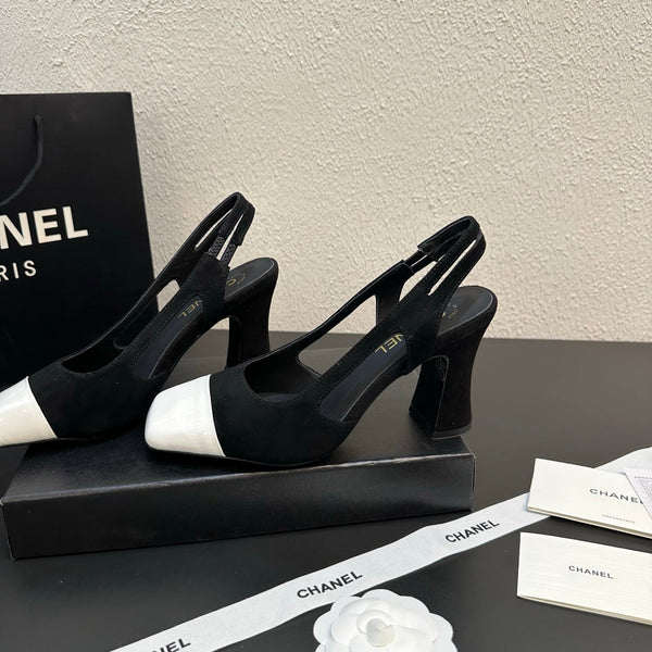 CC Slingback Block Heel White Black Suede Leather 864115