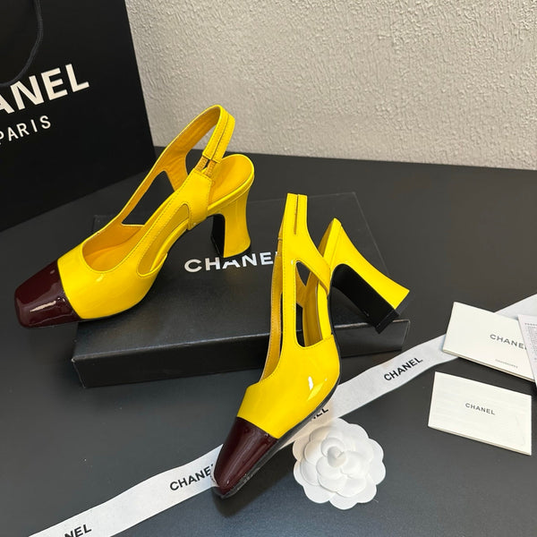 CC Slingback Block Heel Yellow Brown Patent Leather 864117