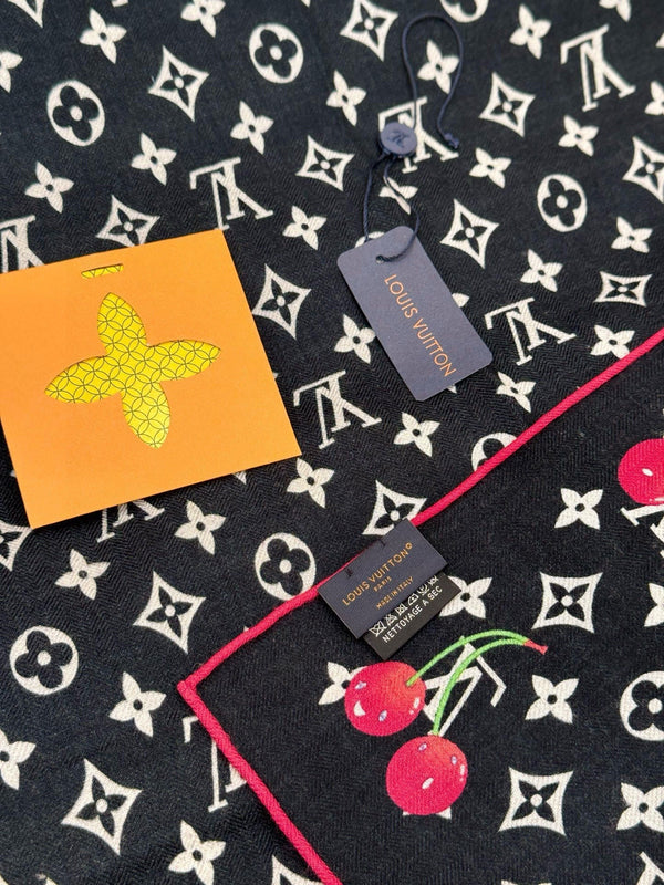 LV X TM Monogram Scarf 180CM Black Red Cashmere 293170