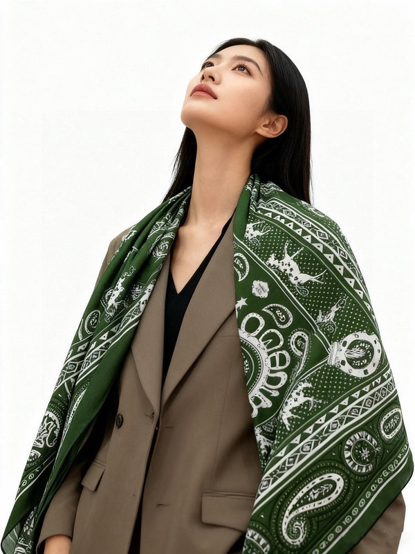 HM Cheval de Coeur Bandana Scarf 140*140cm Green Cashmere Silk 286289