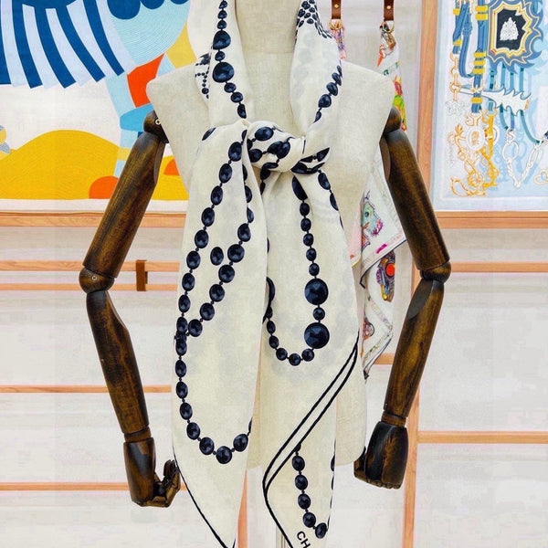 CC 2026 Pearl Scarf 140cm Black White Silk And Cashmere 214951
