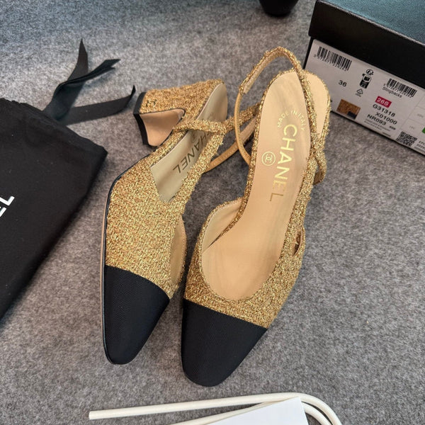 CC 26S Slingback Pumps 6.5cm Gold Black Tweed 118952