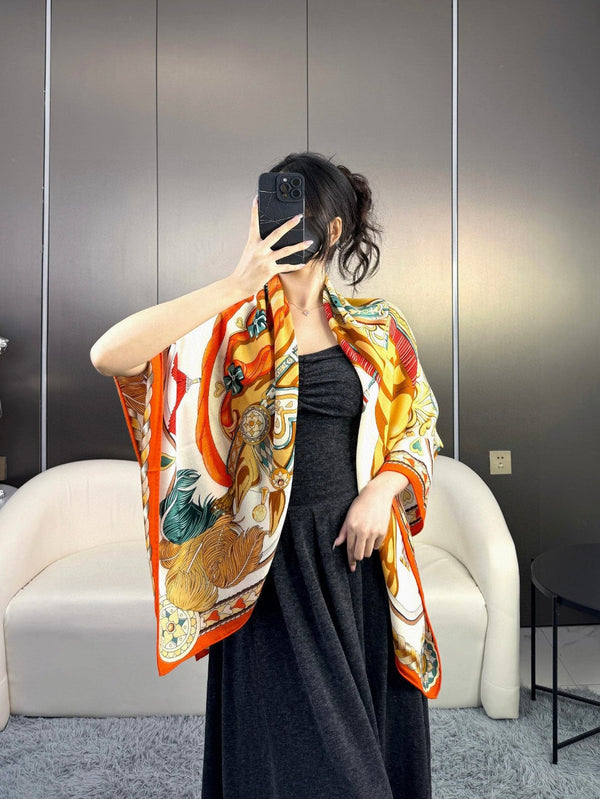 Harnais De Coeur Scarf 135 CM In Orange Colorful Cashmere And Silk 381092