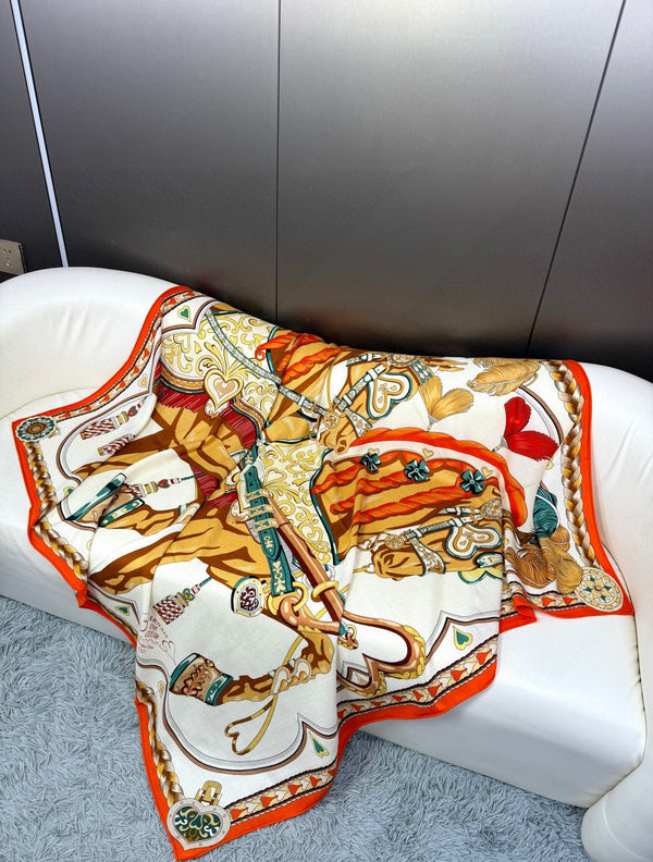 Harnais De Coeur Scarf 135 CM In Orange Colorful Cashmere And Silk 381092