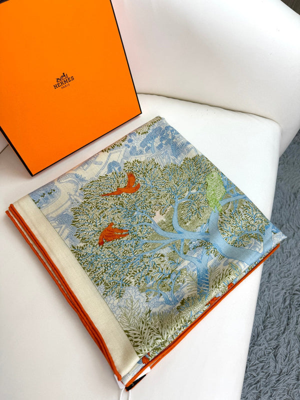 Retour A La Nature Shawl 135CM In Light Blue Colorful Cashmere And Silk