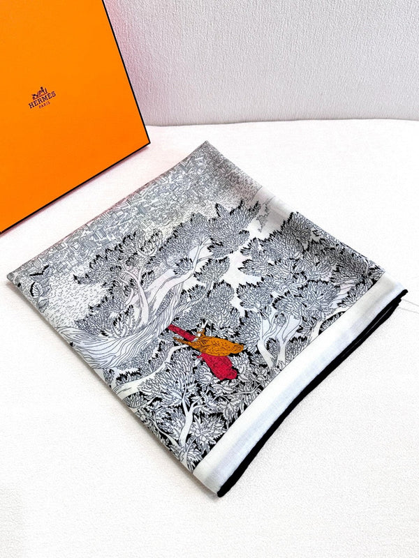 Retour A La Nature Shawl 135CM In Black White Colorful Cashmere And Silk