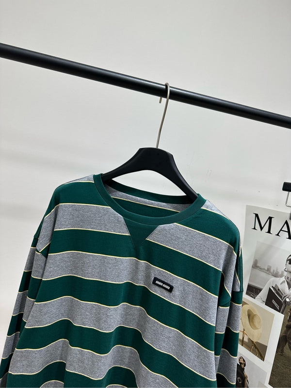Miu 26s Striped Jersey Sweatshirt Green Gray Cotton 349692