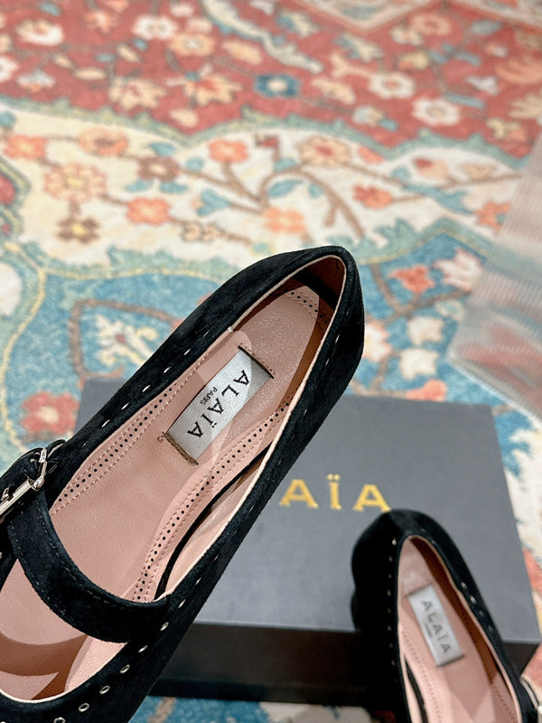 ALAIA MARY JANE IN BLACK SUEDE WITH SILVER HARDWARE