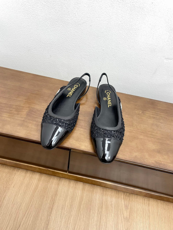 CC Slingback Black Tweed Fabric And Calfskin