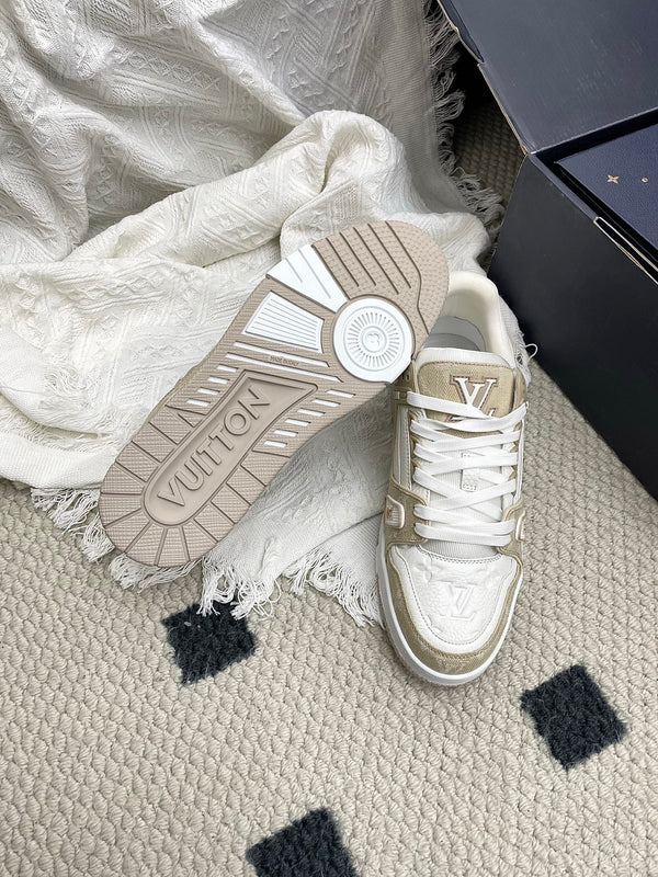 LV Trainer Sneaker White Taupe Denim Cowhide 611153