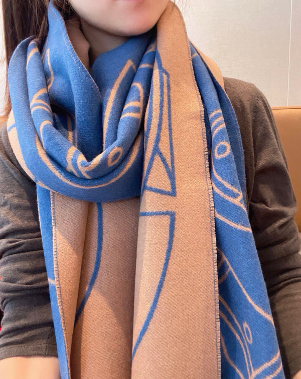 CASAQUE ENTRELACS EQUESTRES 190 CM SCARF IN AZURE BLUE CASHMERE