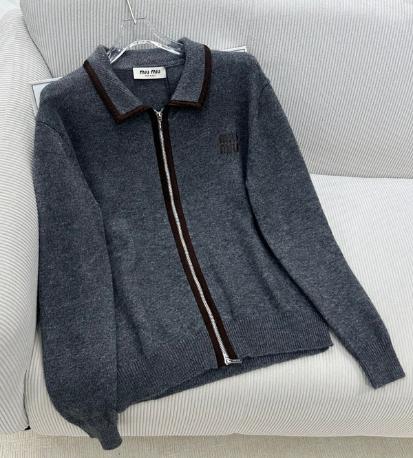 Miu 26s Zip-Up Jacket Grey Cotton Wool 426219